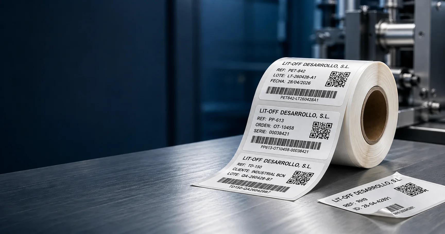 Rollo de etiquetas industriales en entorno de producción